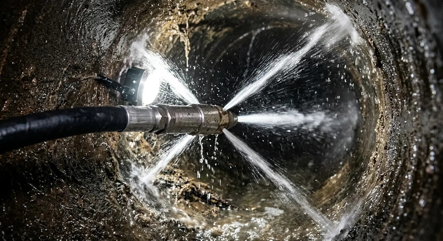 High-pressure hydro jetting nozzle cleaning sewer pipe for Trenchless Sewer Repair in Bellbrook