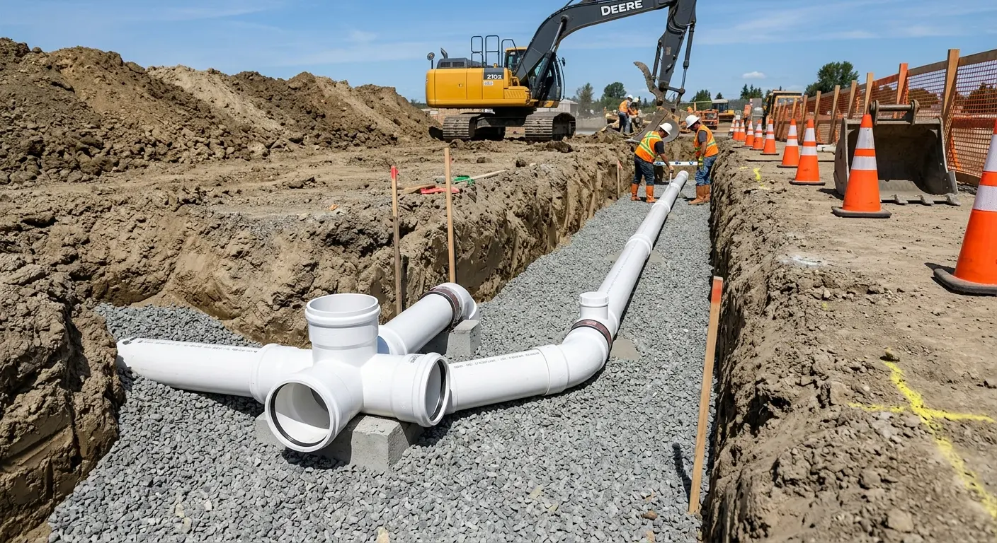 New PVC sewer pipe installation in open trench for Commercial Drain Cleaning in Bellbrook